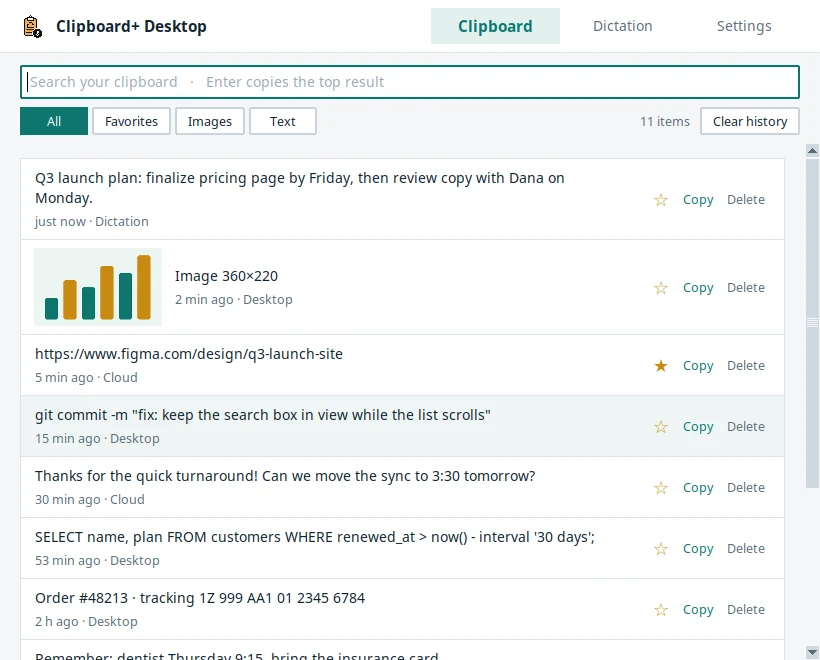 Clipboard+ Desktop showing a searchable clipboard history with a dictated note, an image, links and code, each with star, Copy and Delete actions.